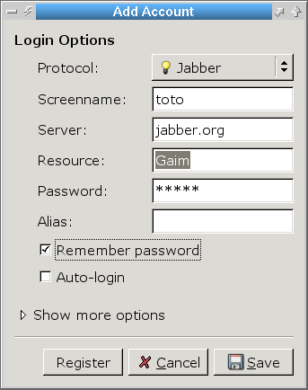 [cran d'ajout de compte pour Jabber]