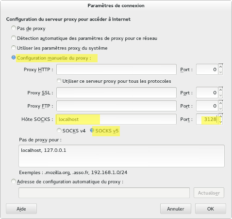 Paramètres de connection dans Firefox